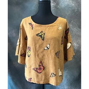 Viola Borghi Italy 100% Linen Butterfly Print Flutter Sleeve Top‎ Women's